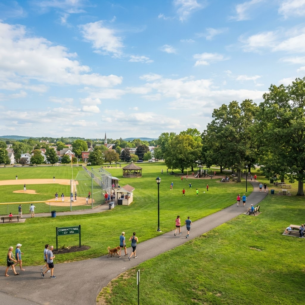 Munford city park with a baseball field, shade trees, and families enjoying a sunny day